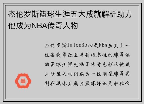 杰伦罗斯篮球生涯五大成就解析助力他成为NBA传奇人物